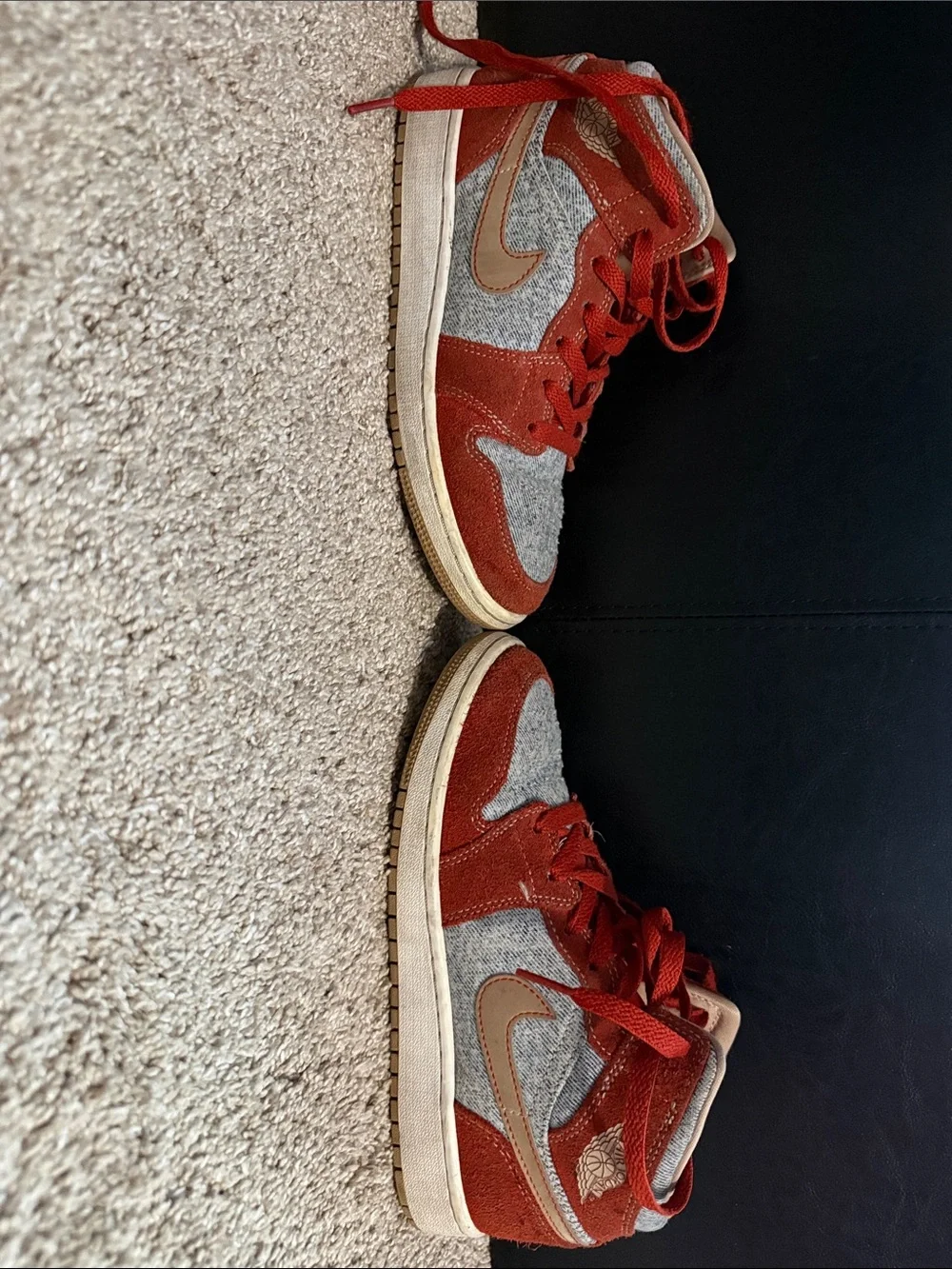 Nike Kids Red and Gray Mid-Top Sneakers with Tan Swoosh
